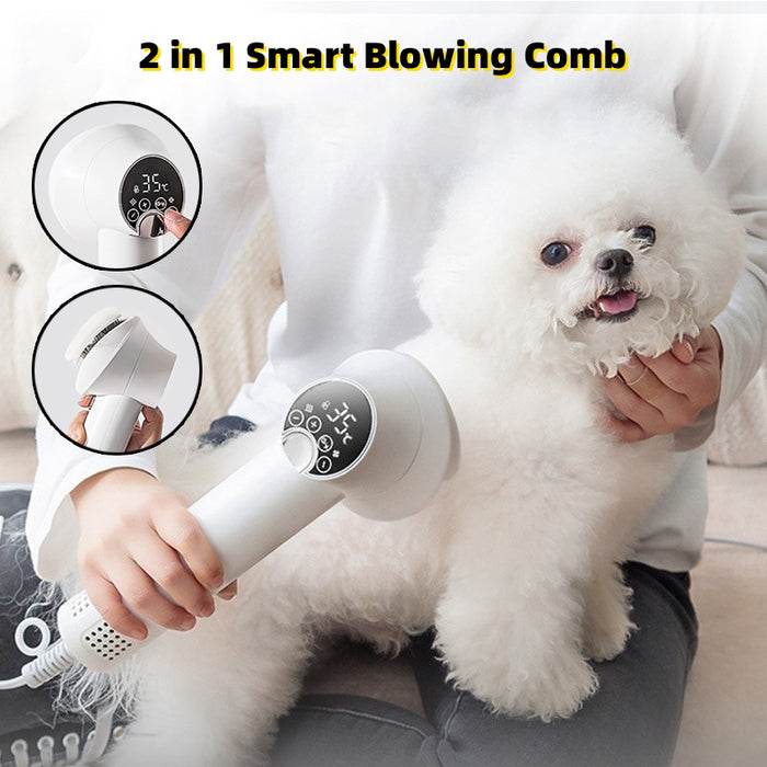 2-in-1 Pet Hair Dryer and Brush being used to dry a fluffy white dog
