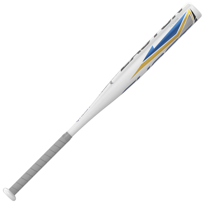 The 2022 Easton Ghost Youth -11 Fastpitch Softball Bat (FP22GHY11) features a white design with blue and gold barrel accents, a gray grip, and durable ALX50 aluminum. Ideal for fastpitch softball beginners; shown on a white background.