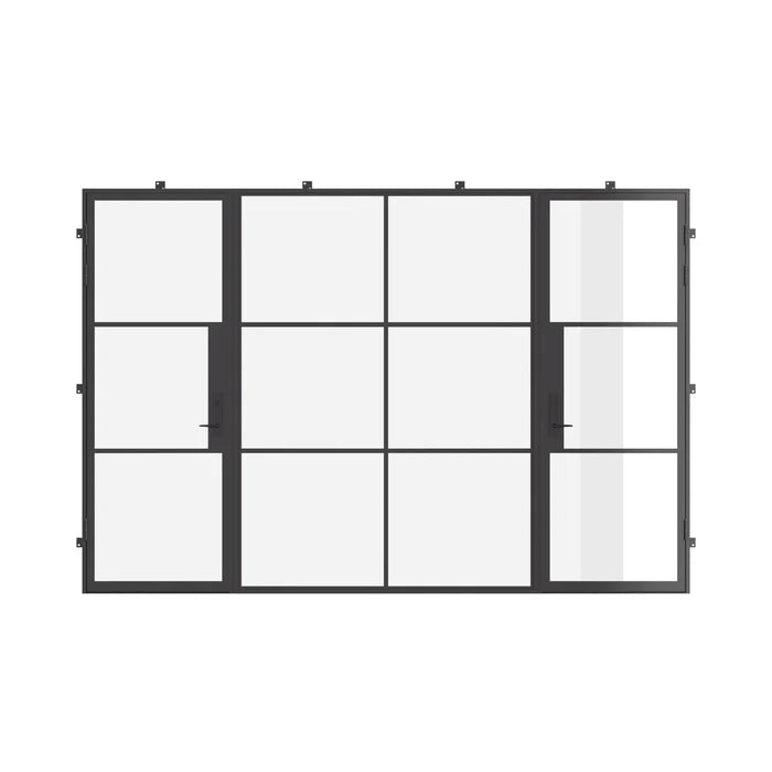 Air 4 architectural steel dual single doors with middle fixed panel, flat top and dual pane tempered glass
