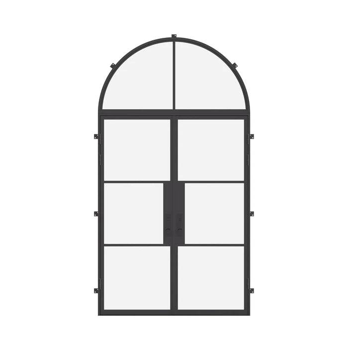 Double flat steel exterior door with full arch transom and insulation