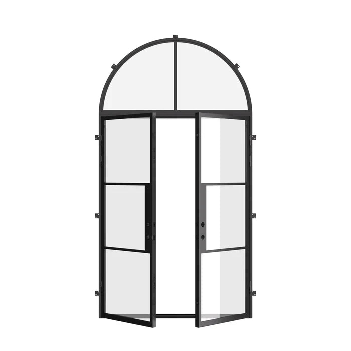 Exterior double steel door with thermal break and full arch lite