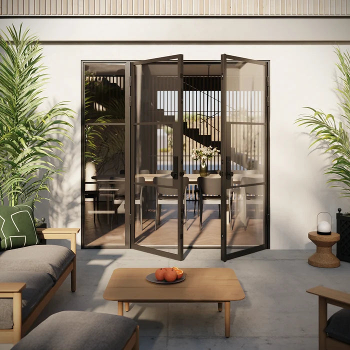 modern double entry doors with left side window and insulated profile