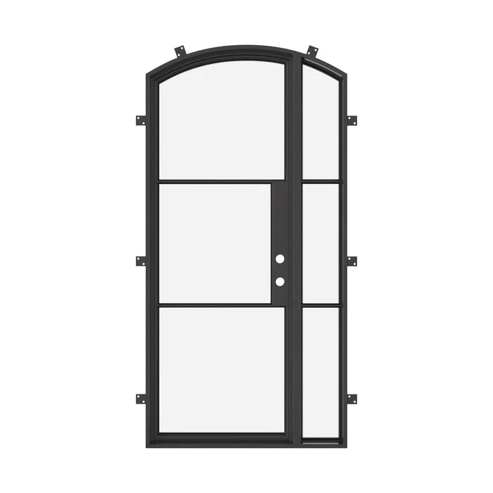 minimalist arched entry door with left glass panel and insulated build