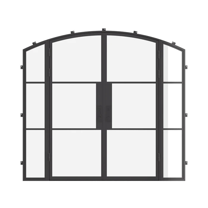 Double arch steel exterior door with side windows and thermal barrier