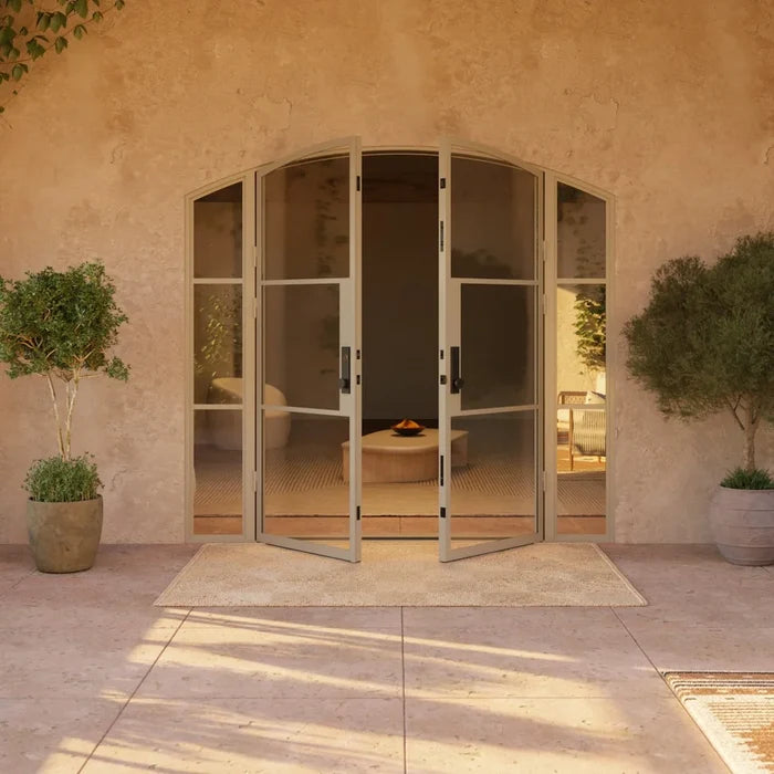 Thermally broken double arch steel entry door with sidelights