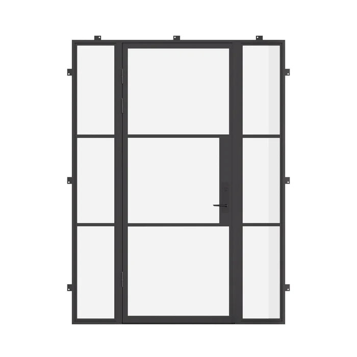 Single flat steel exterior door with sidelights and thermal break frame