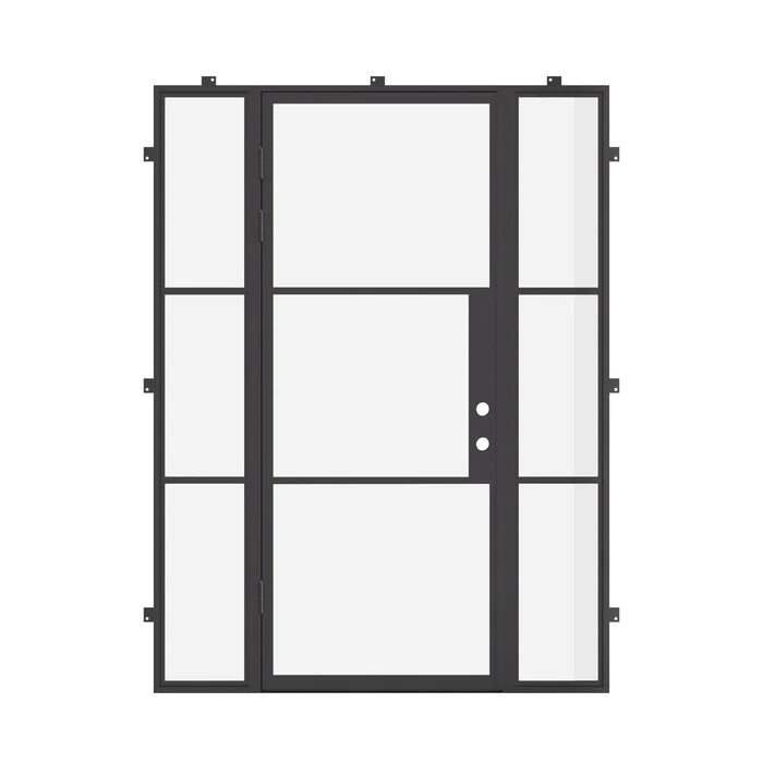 Exterior single steel door with thermal barrier and glass sidelights