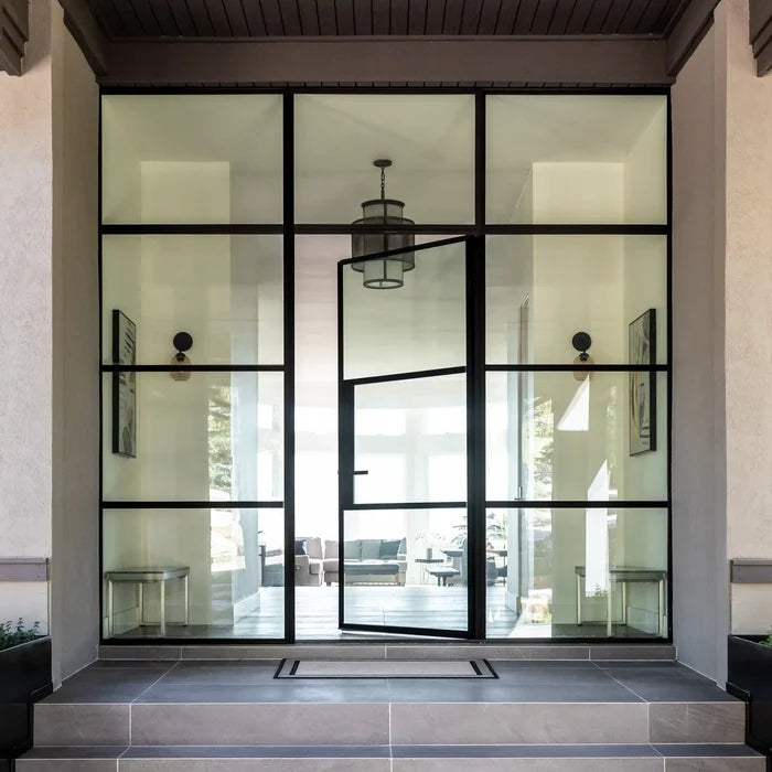 Air 4 black steel entry with side windows and flat top glass