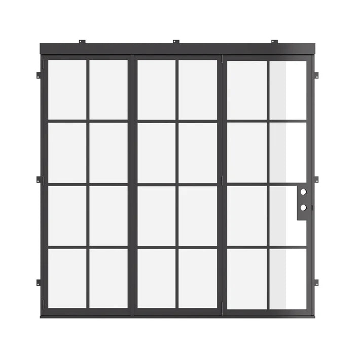 Air 5 exterior bi-fold door in cold-rolled steel with slim sightlines and glass panels
