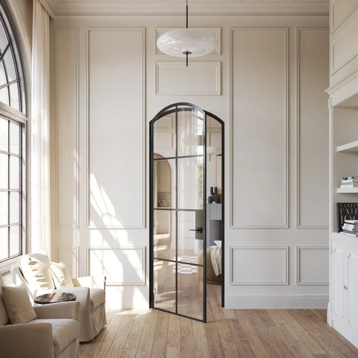 Interior single arch solid steel door, black finish