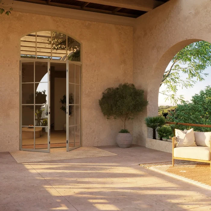 Exterior double flat steel doors with arch top window, NFRC rated architectural steel and insulated safety glass