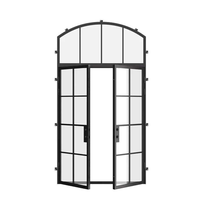 Modern double flat steel front doors with arched transom, prehung cold-rolled frame and tempered glass panels