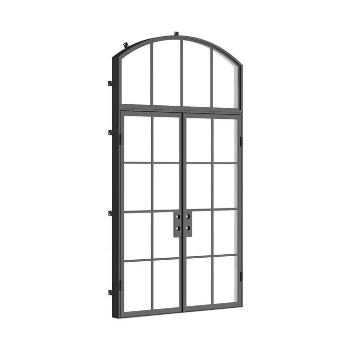 Double flat architectural steel entry doors with arch window above, NFRC certified and dual-pane glazing