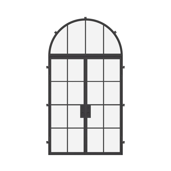 Double flat steel entry doors with full arch transom window, NFRC rated architectural cold-rolled steel
