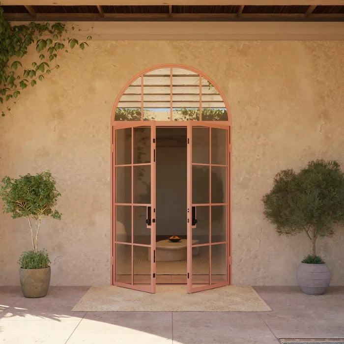 Exterior double flat steel doors with full arch top window, prehung with dual-pane tempered glass