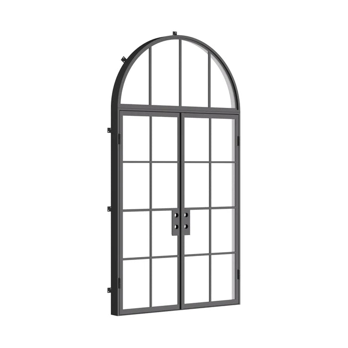 Double flat cold-rolled steel entry doors with full arch window above, NFRC certified prehung frame