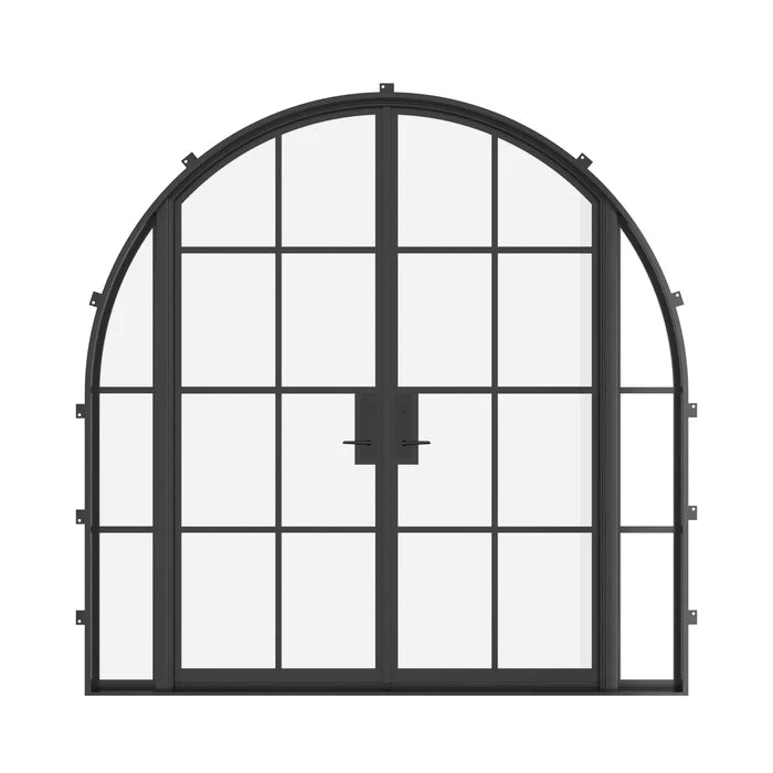 Double full arch exterior steel door with sidelights, NFRC-rated glass
