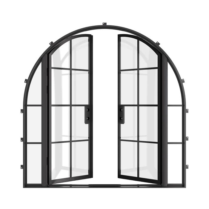Architectural double full arch front door with dual sidelites
