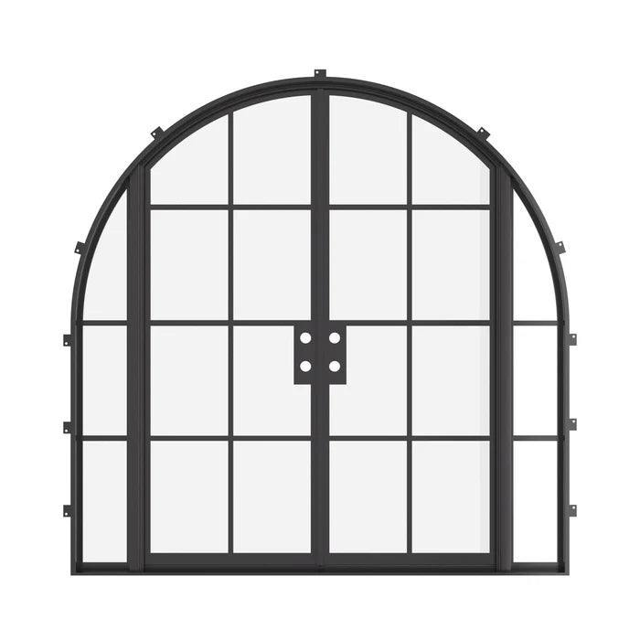 Contemporary double full arch steel entry door with side glass panels