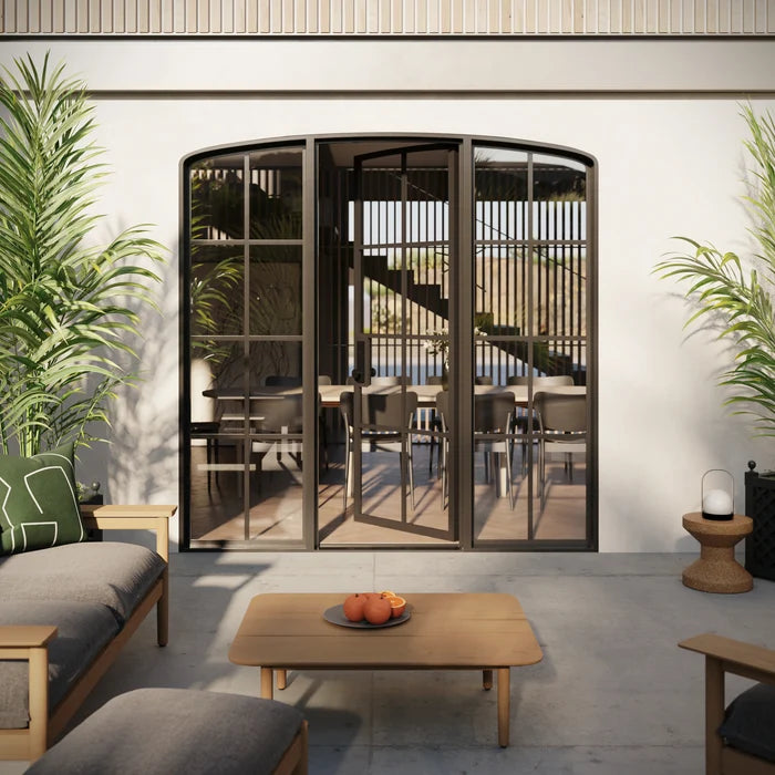 Modern single mini arch steel front door with side windows and dual-pane glazing