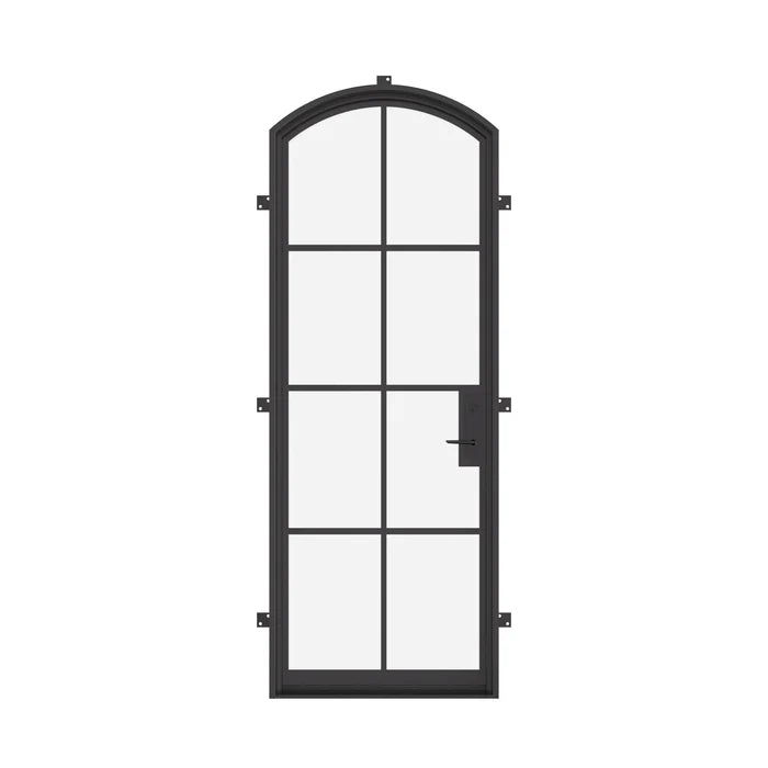 Single arch exterior steel door with tempered glass panel