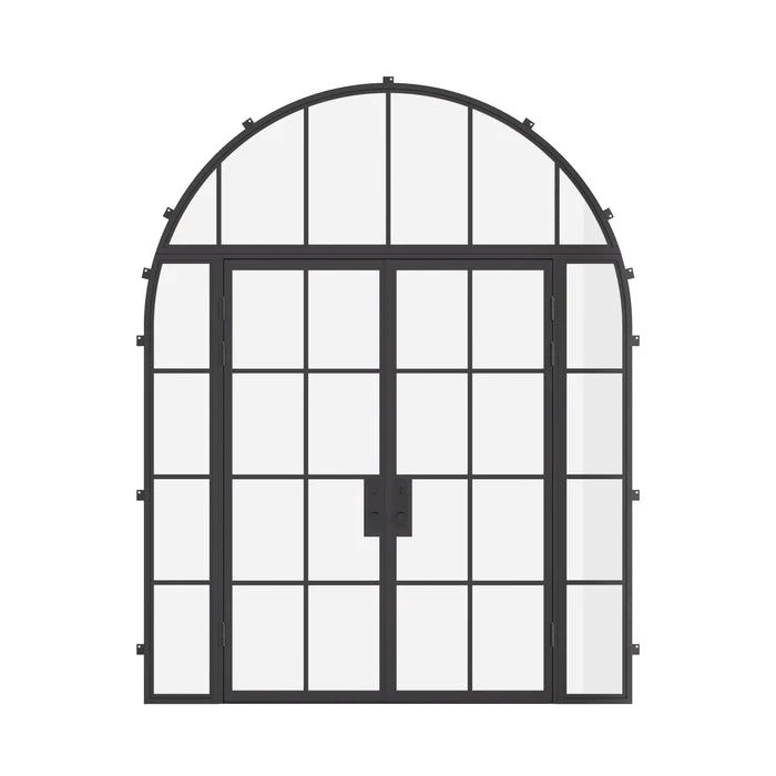 double flat steel doors with sidelights and full arch transom and thermal break