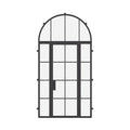 single flat steel entry door with sidelights and full arch transom and thermal break