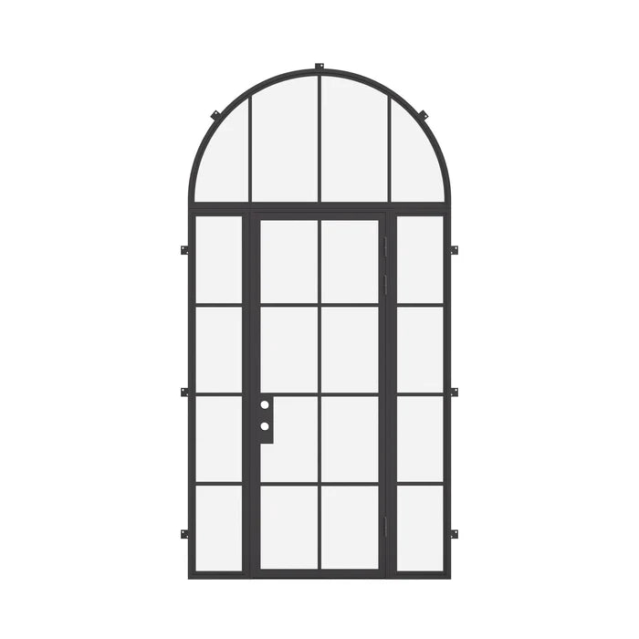 minimalist steel entry door with sidelights and arched transom and thermal separation