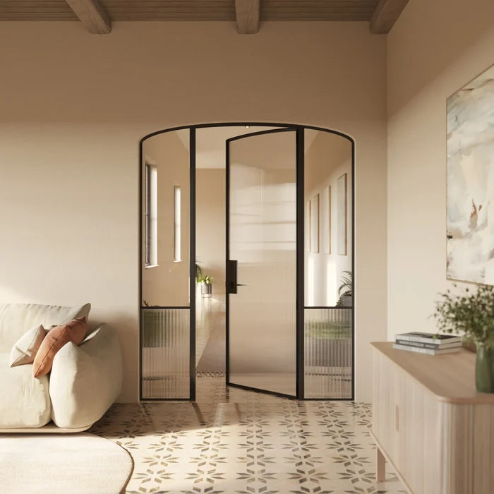 Contemporary interior mini arch steel door with side windows, Air Grand OTTOSTUMM steel with narrow sightlines