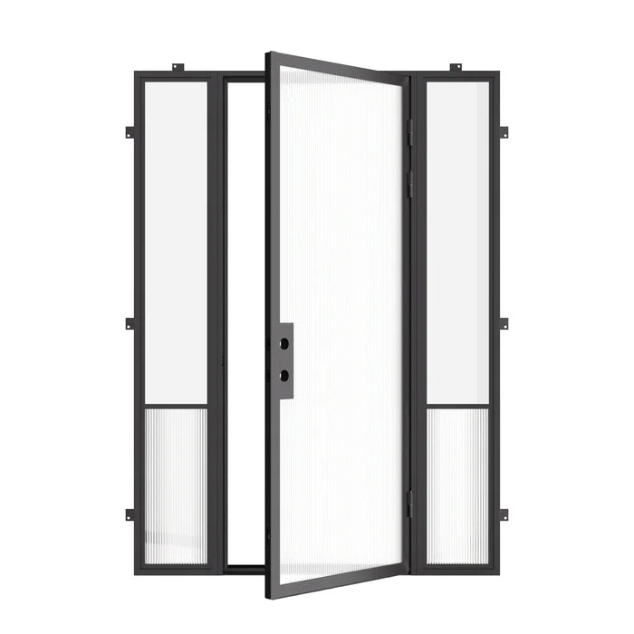 Modern exterior steel front door with sidelights, cold-rolled galvanized steel frame with ribbed glass accents