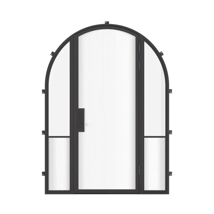 Air Grand exterior steel entry door with sidelights and full arch top, galvanized steel frame with tempered Low-E glass