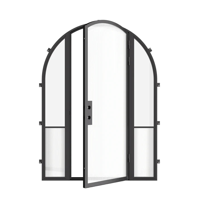 Modern exterior steel full arch door with sidelights, cold-rolled galvanized steel frame with ribbed glass accents
