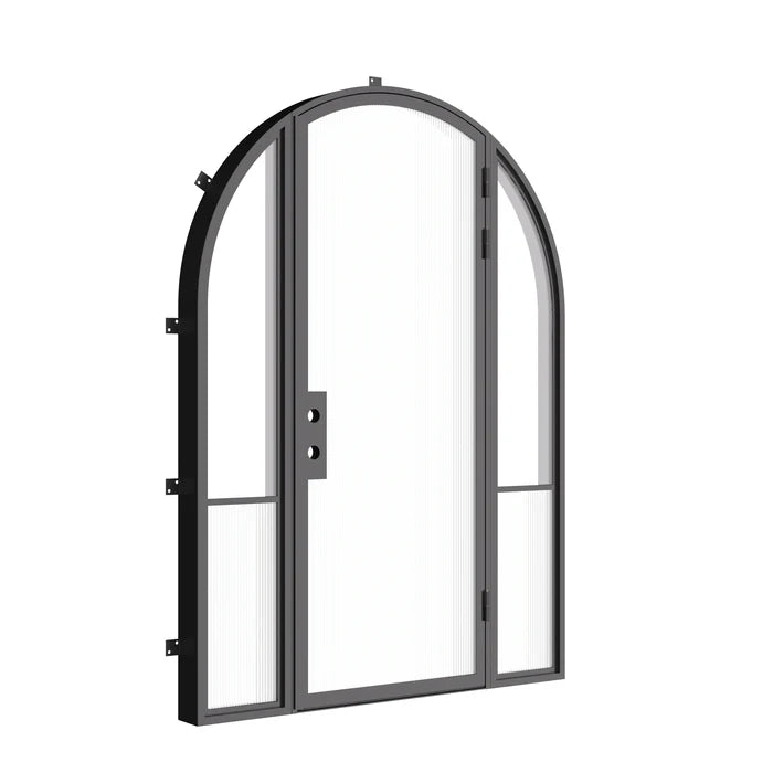 Designer steel entry door with full arch and sidelights, Air Grand architectural steel system with dual pane Low-E glass