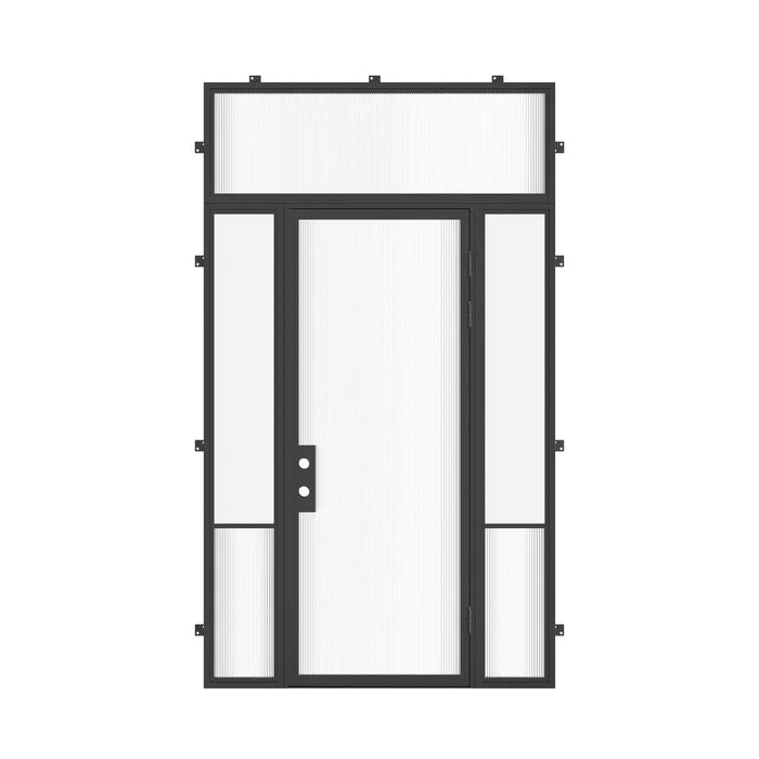 Air Grand thermal break steel front door with sidelights and flat transom window, galvanized exterior steel and energy-efficient Low-E glazing