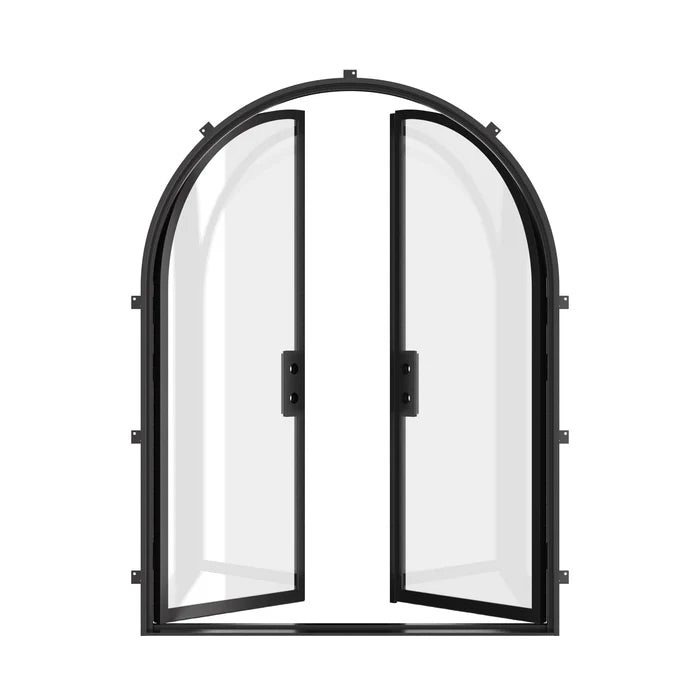 Architectural double arch steel doors with low-E dual-pane glazing.