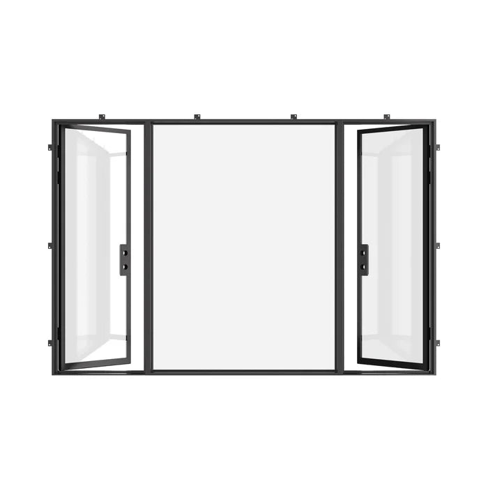 Dual single steel door system with fixed center lite.