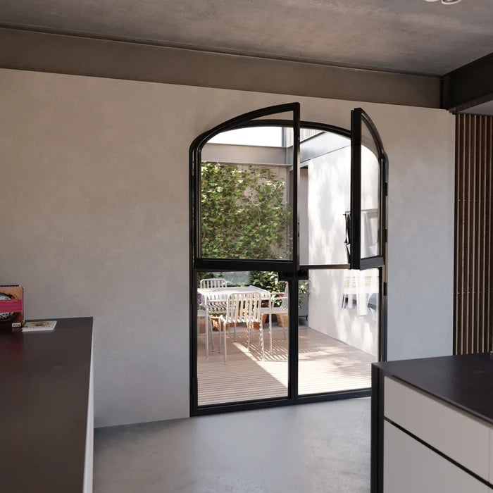 Modern double Dutch doors with mini arch tops.