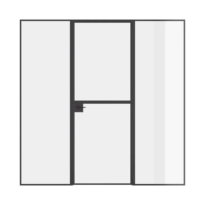 Dutch-style steel door with sidelights, crafted from hot-rolled steel with architectural lines.