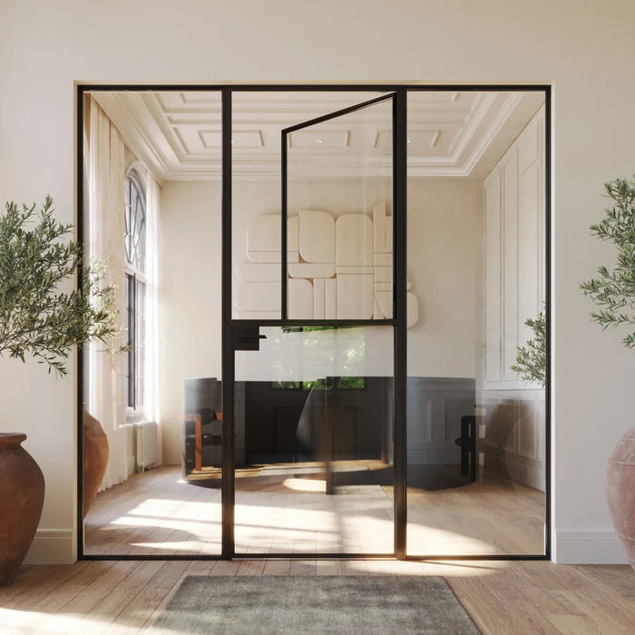Pre-hung Dutch door with side glass panels and slim modular framing.