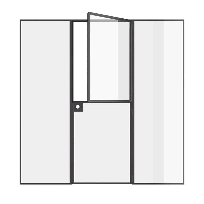 Narrow-sightline Dutch door with side windows and refined modern profile.