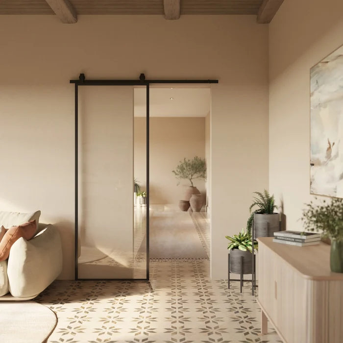 Interior Air Lite barn door with narrow sightlines and full glass panel, minimalist steel slider for contemporary interiors