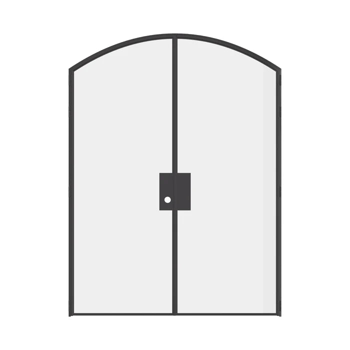 Double arch glass steel door, solid steel construction with narrow architectural frame