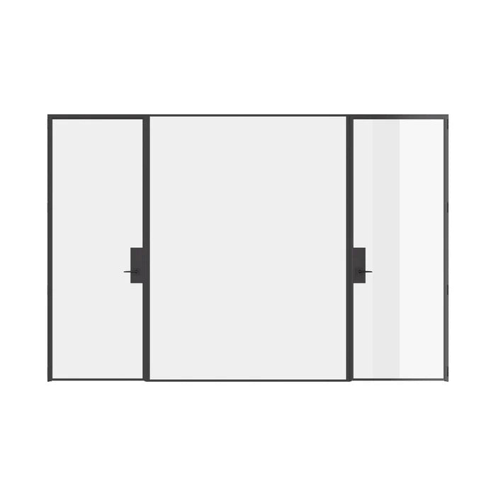 Pre-hung dual single steel doors with center fixed panel and flat tops, built from solid steel.