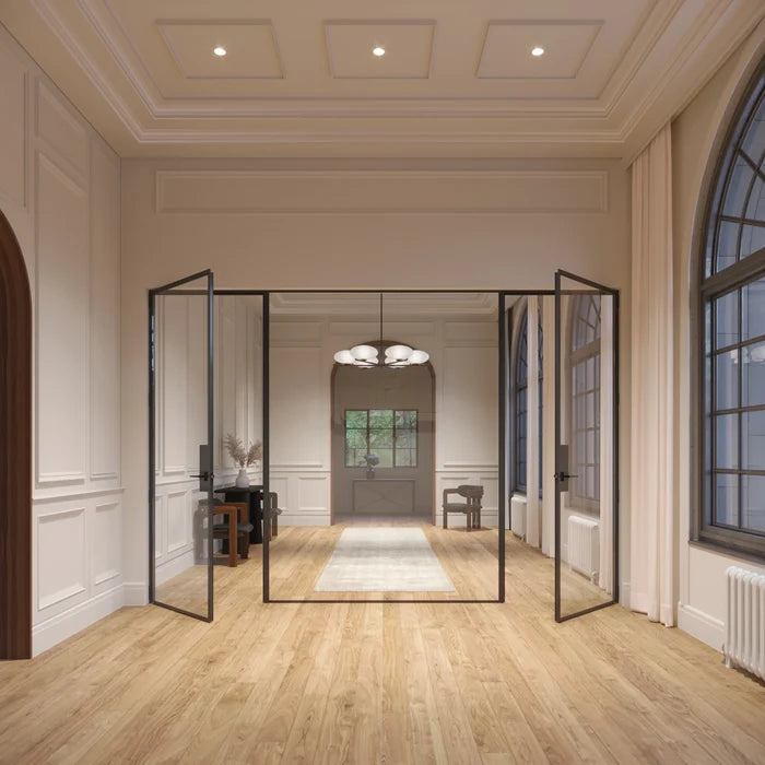 Modular dual single door system with middle fixed glass panel and narrow sightlines.