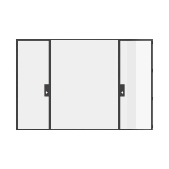 Dual single flat interior steel door system with center glass lite, solid steel construction and slim profile