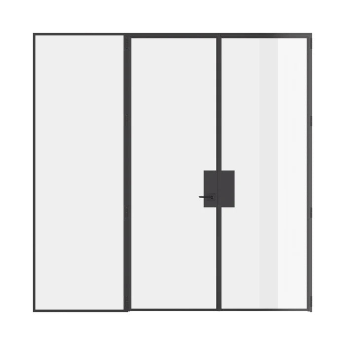 Pre-hung double flat steel door with left sidelight, built from solid hot-rolled steel with slim sightlines.