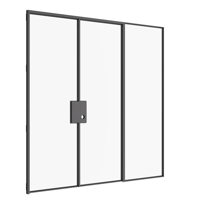 Architectural double flat steel door with single sidelight and narrow steel frame.