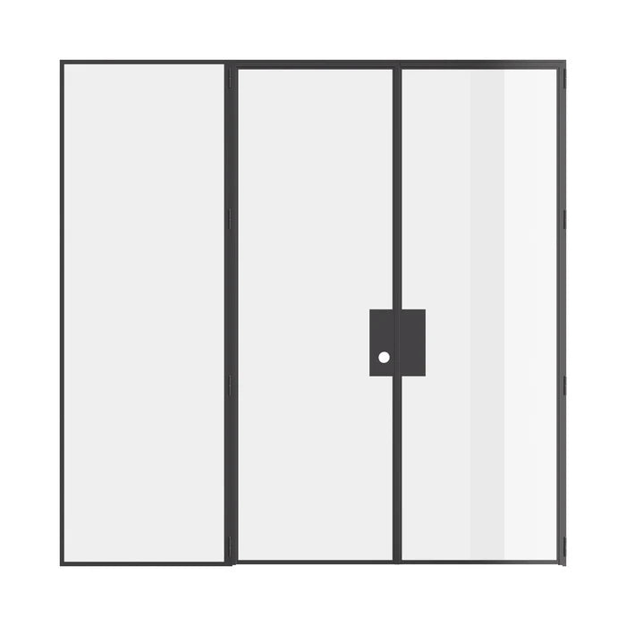 Narrow-profile double flat steel door with side window and refined geometry.