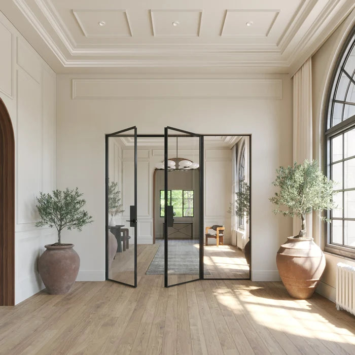 Double flat glass steel door with right side window, solid steel build and slim sightlines