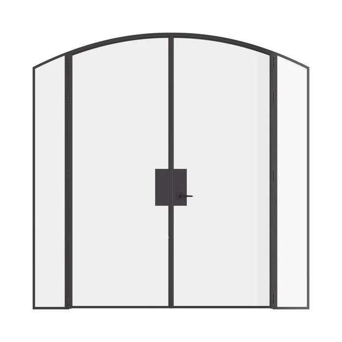 Pre-hung double arch steel door with sidelights, built from solid hot-rolled steel.